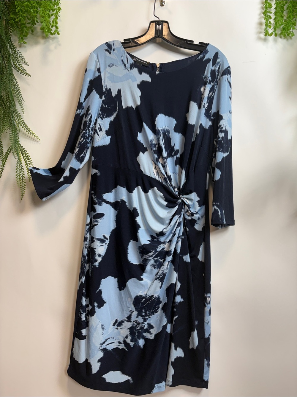 INC International Concepts Navy and Light Blue Knot-Detail Long Sleeve Dress